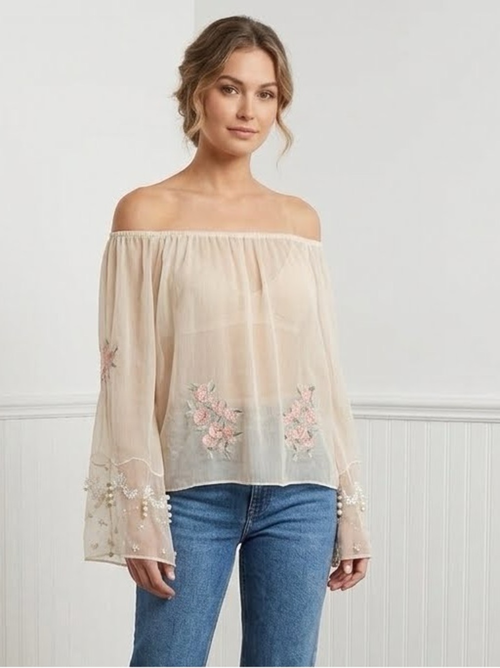 NWT Designer Elegant Bohemian Off-Shoulder Floral Embroidered Kimono Sleeve